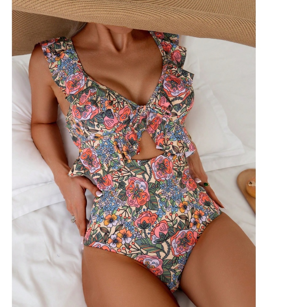Boho Floral Print Ruffle Detail Cut out Monokini One Piece Swimsuit